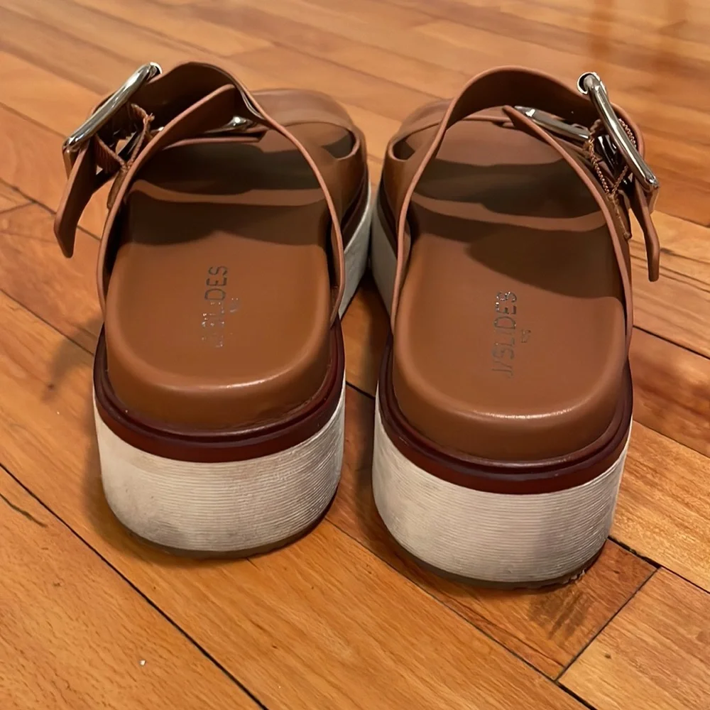 J Slides Brown Double Buckle Platform Sandals